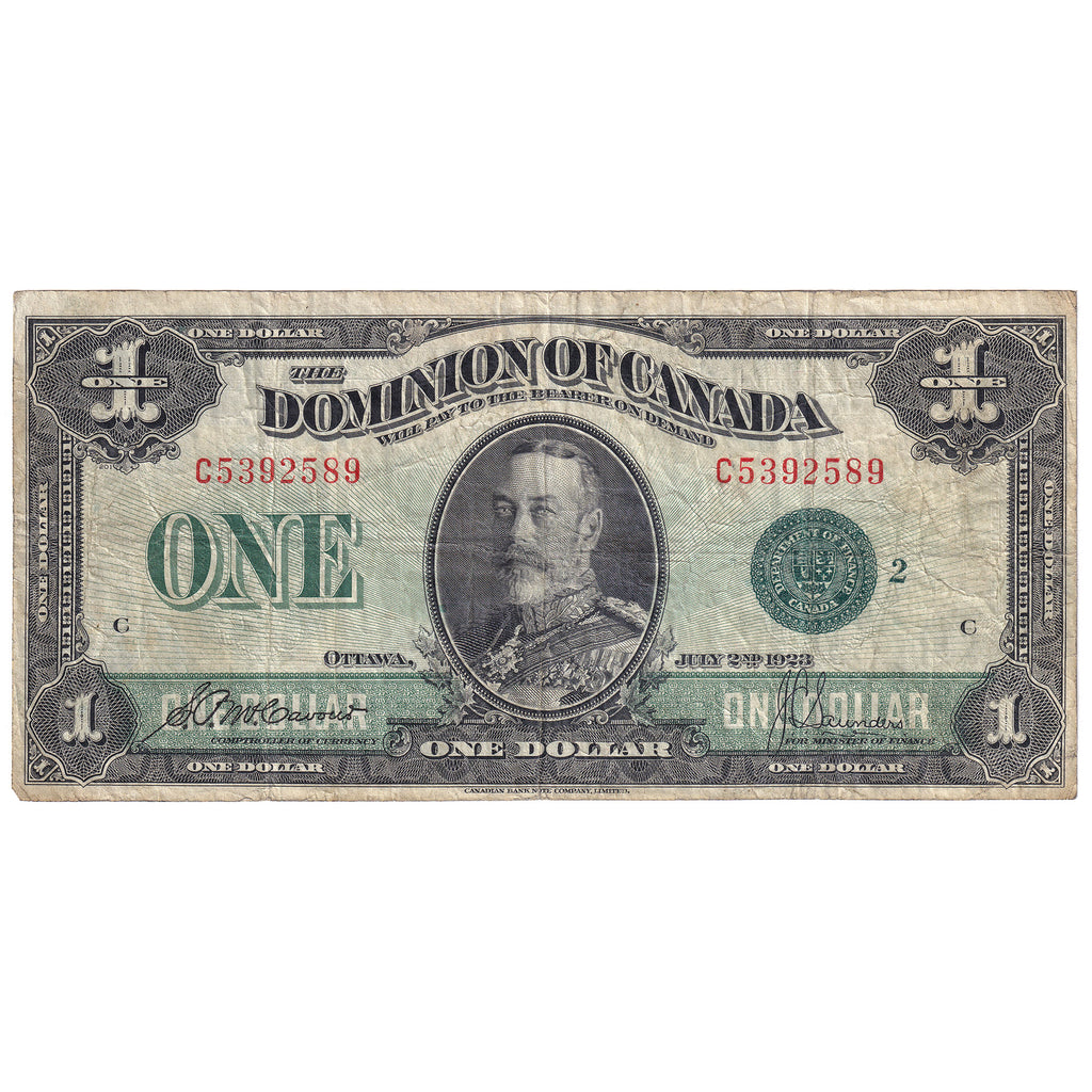 DC-25j 1923 Dominion $1 McCavour-Saunders, Green Seal, Group 2, F-VF