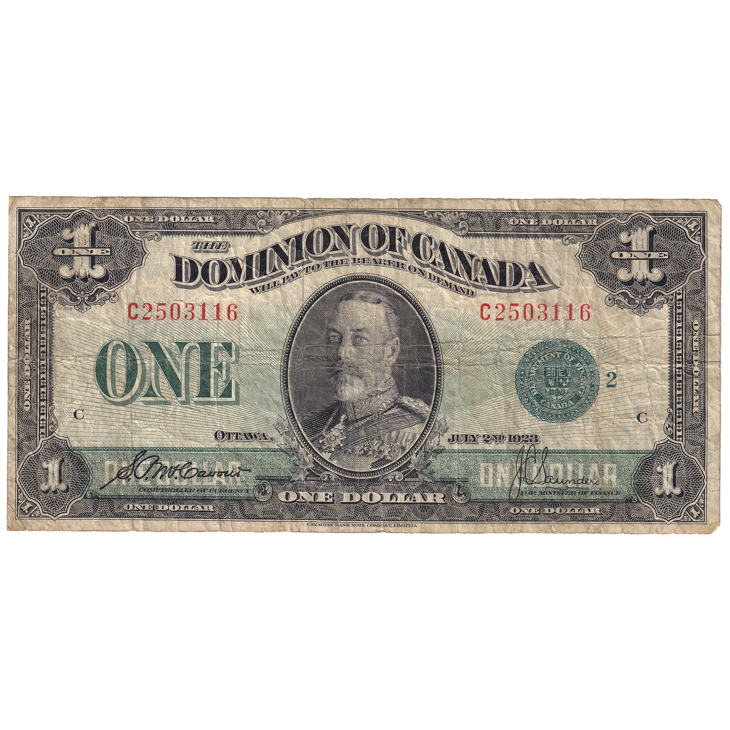 DC-25j 1923 Dominion $1 McCavour-Saunders, Green Seal, Group 2, F