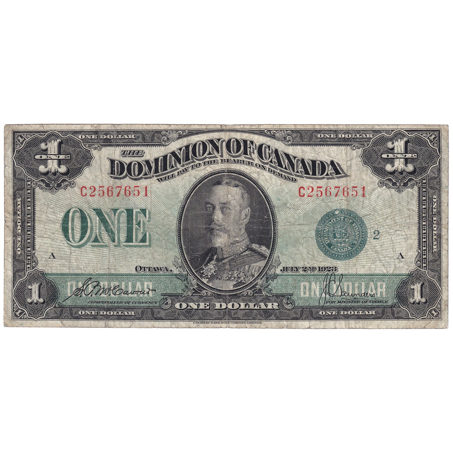 DC-25j 1923 Dominion $1 McCavour-Saunders, Green Seal, Group 2, VG-F