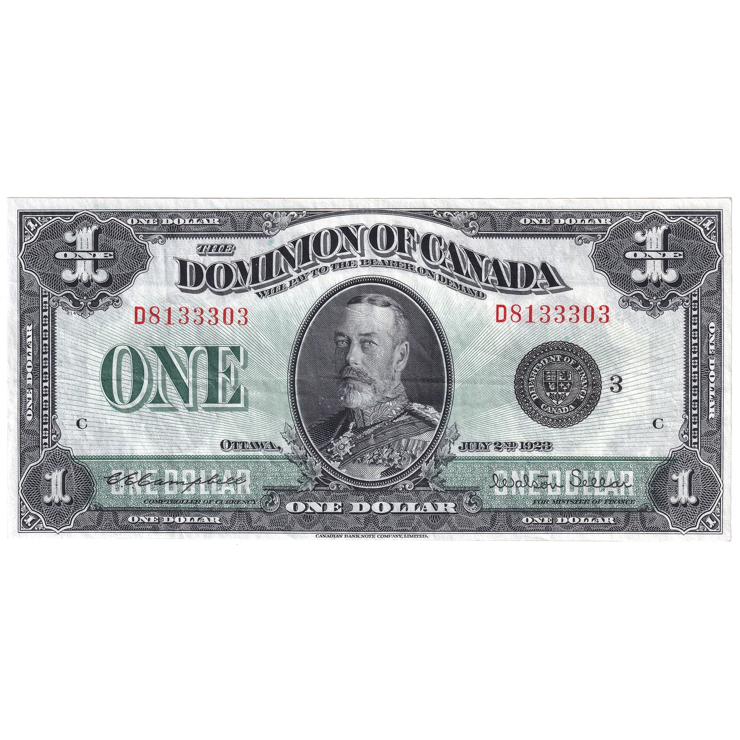 DC-25n 1923 Dominion $1 Campbell-Sellar, Black Seal, Group 3, VF-EF (VF30)