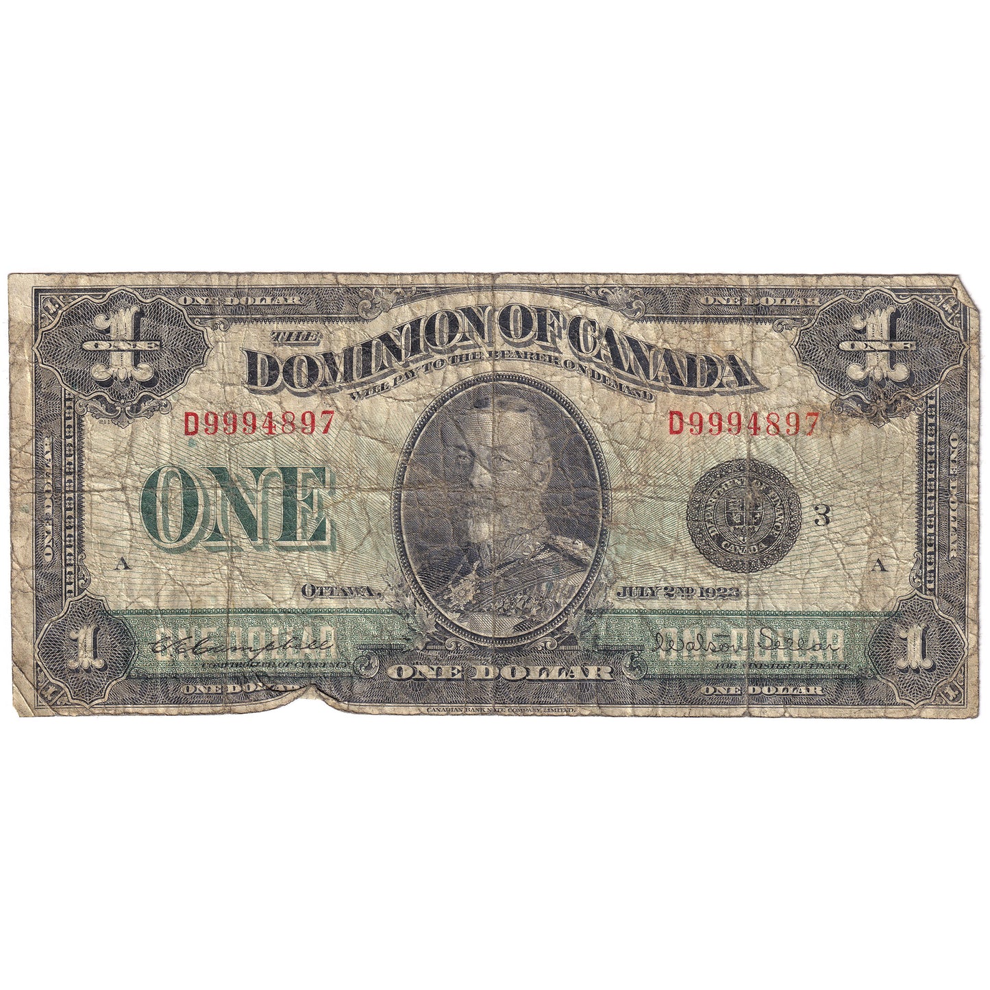 DC-25n 1923 Dominion $1 Campbell-Sellar, Black Seal, Group 3, G-VG (G6)