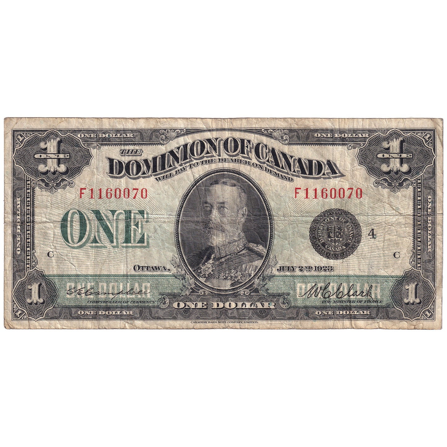 DC-25o 1923 Dominion $1 Campbell-Clark, Black Seal, Group 4, Series F, VG-F