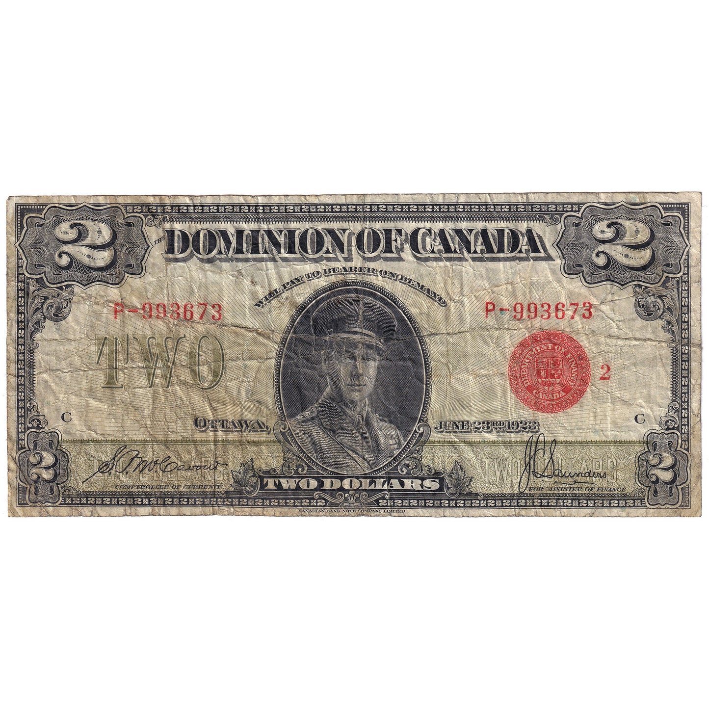 DC-26g 1923 Dominion $2 McCavour-Saunders, Red Seal, Group 2, F-VF