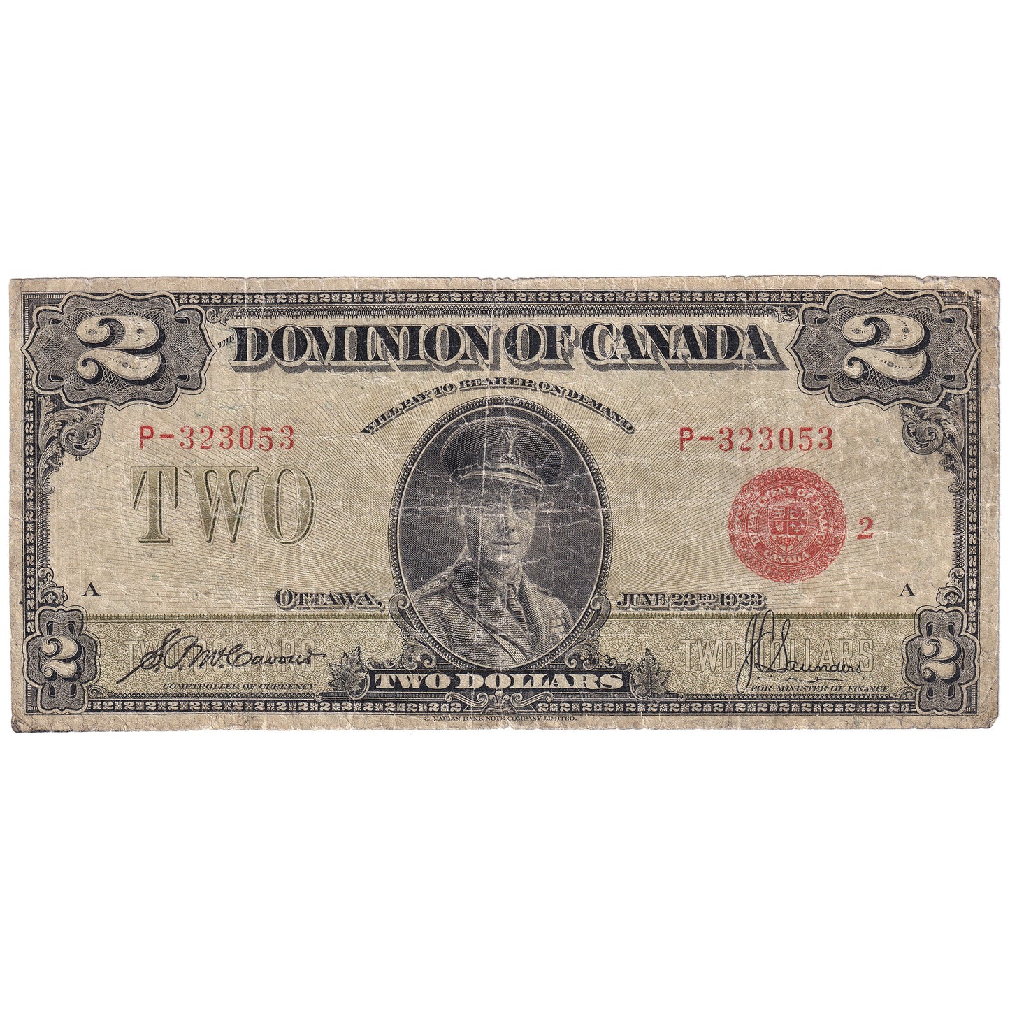 DC-26g 1923 Dominion $2 McCavour-Saunders, Red Seal, Group 2, G-VG (G6)