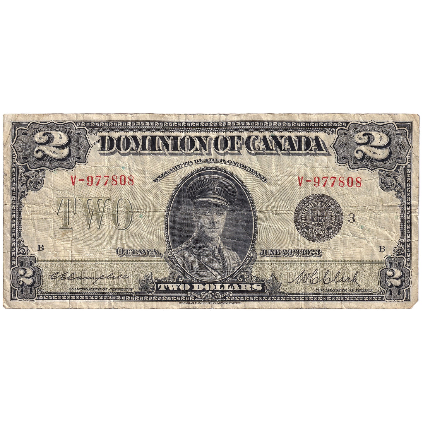 DC-26k 1923 Dominion $2 Campbell-Clark, Black Seal, Group 3, F-VF