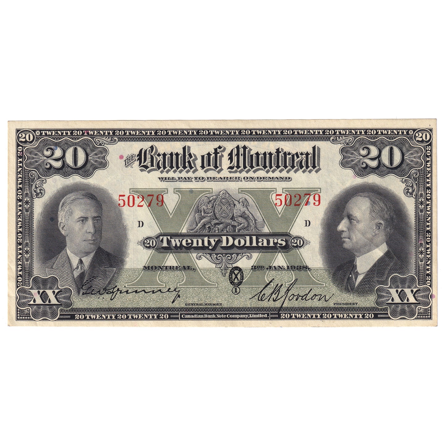 505-62-06 1938 Bank of Montreal $20 Spinney-Gordon, Almost Uncirculated (AU50)