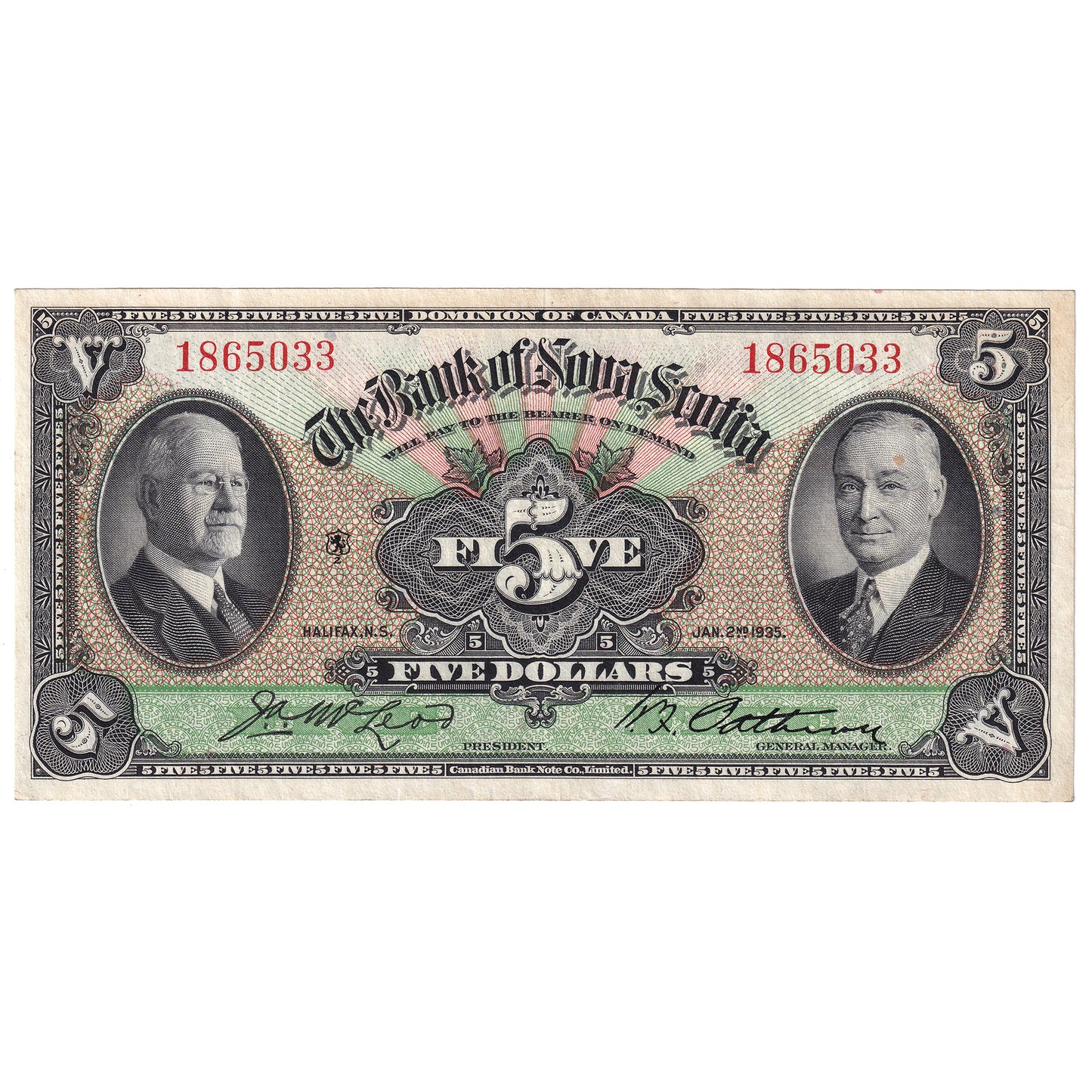 505-36-02 1935 Bank of Nova Scotia $5 McLeod-Patterson, Very Fine (VF20)
