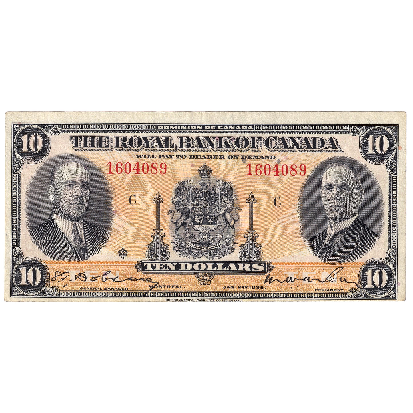 630-18-04a 1935 Royal Bank $10 Dobson-Wilson, Large Signatures, EF-AU (EF45)