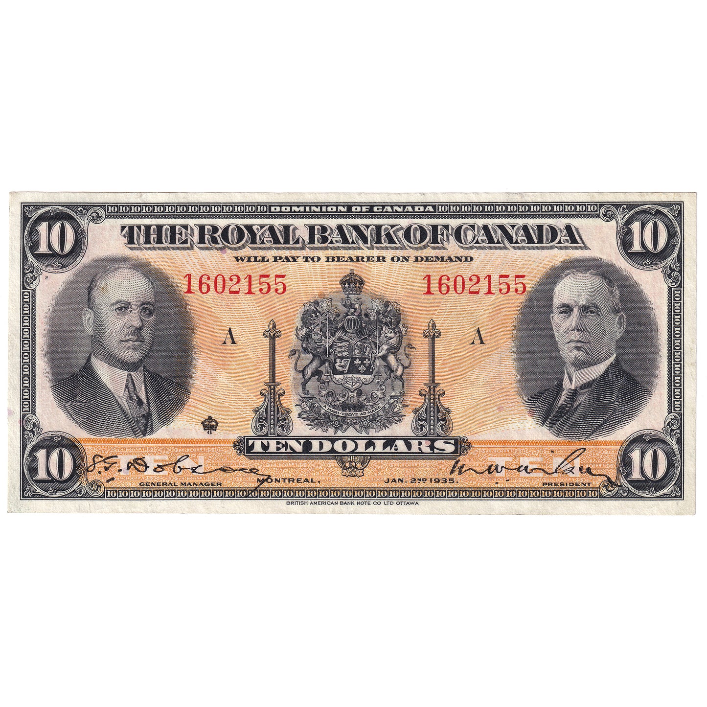 630-18-04a 1935 Royal Bank $10 Dobson-Wilson, Large Signatures, Extra Fine (EF40)