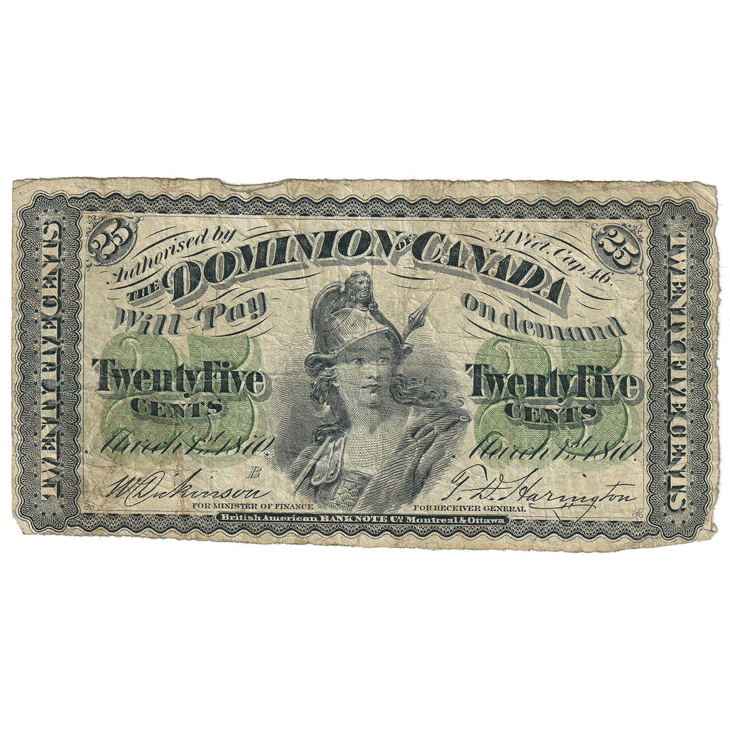 DC-1b-i 1870 Dominion 25-cent Shinplaster, Dickinson-Harington, Small B, VG-F (VG10)