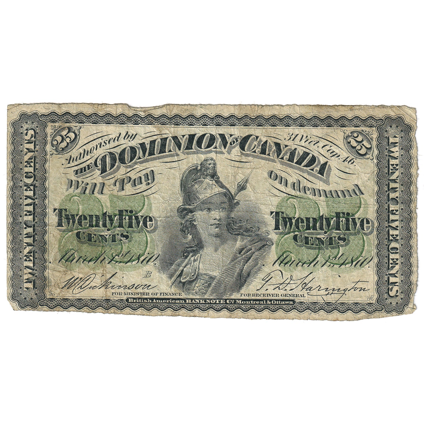 DC-1b-i 1870 Dominion 25-cent Shinplaster, Dickinson-Harington, Small B, VG-F (VG10)