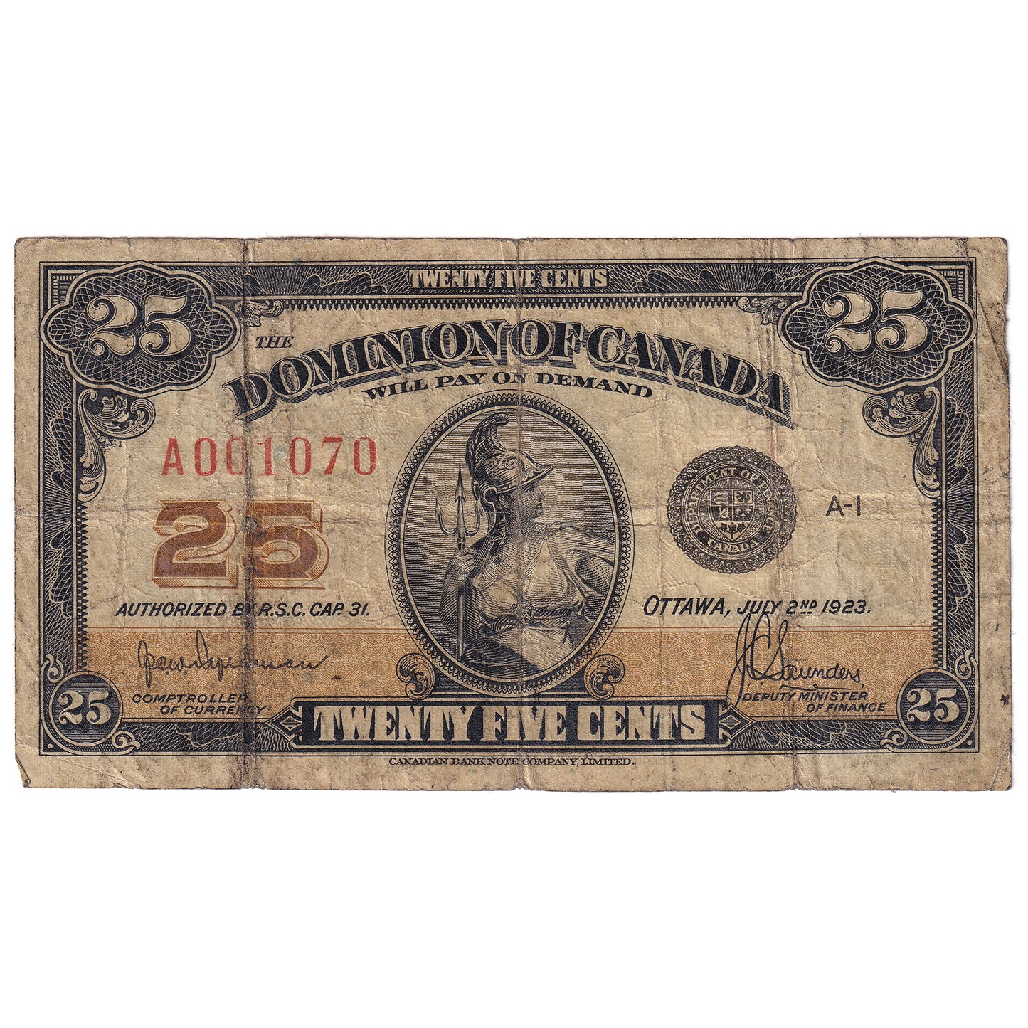 DC-24a 1923 Dominion 25-cent Shinplaster, Hyndman-Saunders, Authorized, VG-F (VG10)