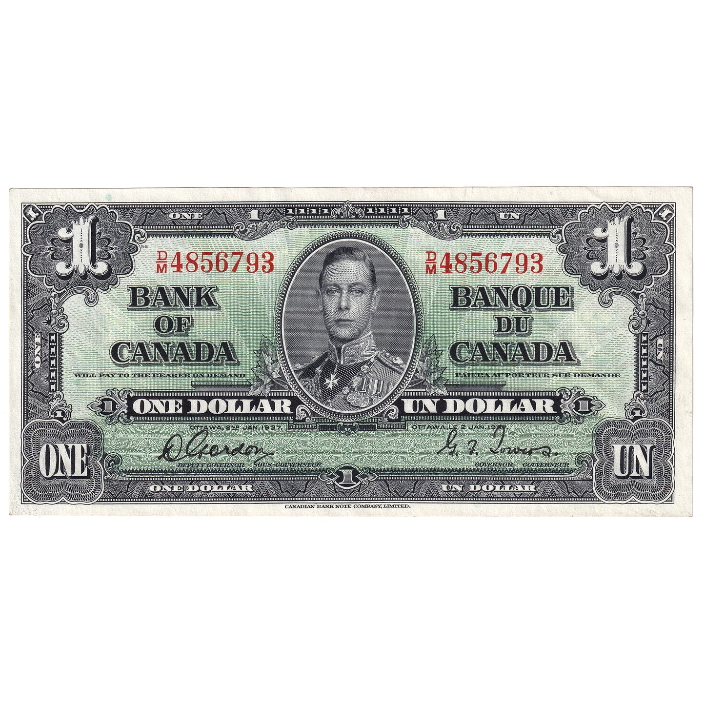 BC-21c 1937 Canada $1 Gordon-Towers, D/M, Uncirculated (MS60)