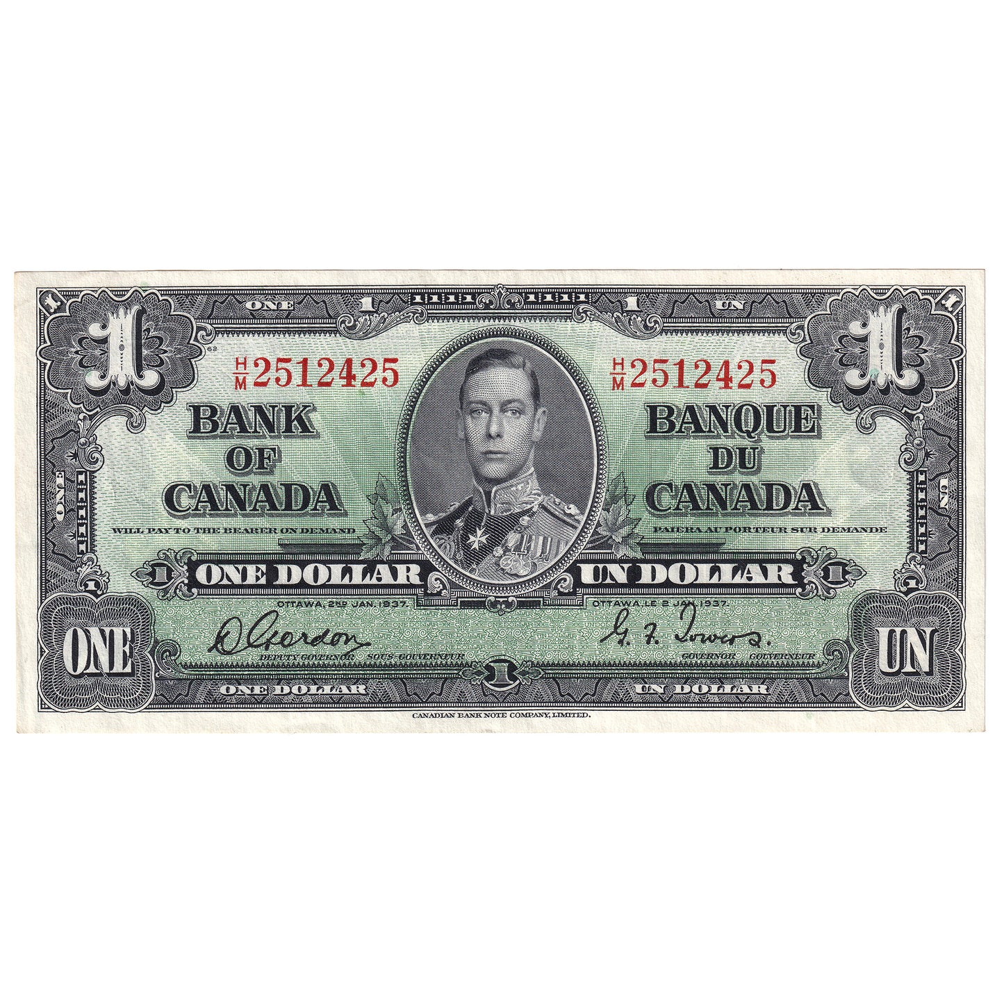 BC-21c 1937 Canada $1 Gordon-Towers, H/M, Extra Fine (EF40)