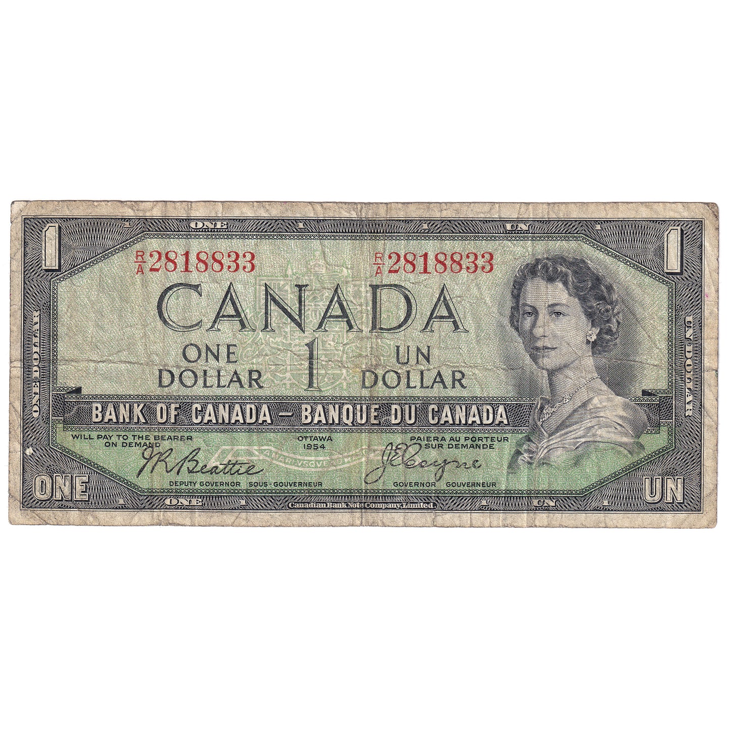 BC-29b 1954 Canada $1 Beattie-Coyne, Devil's Face, R/A, VG