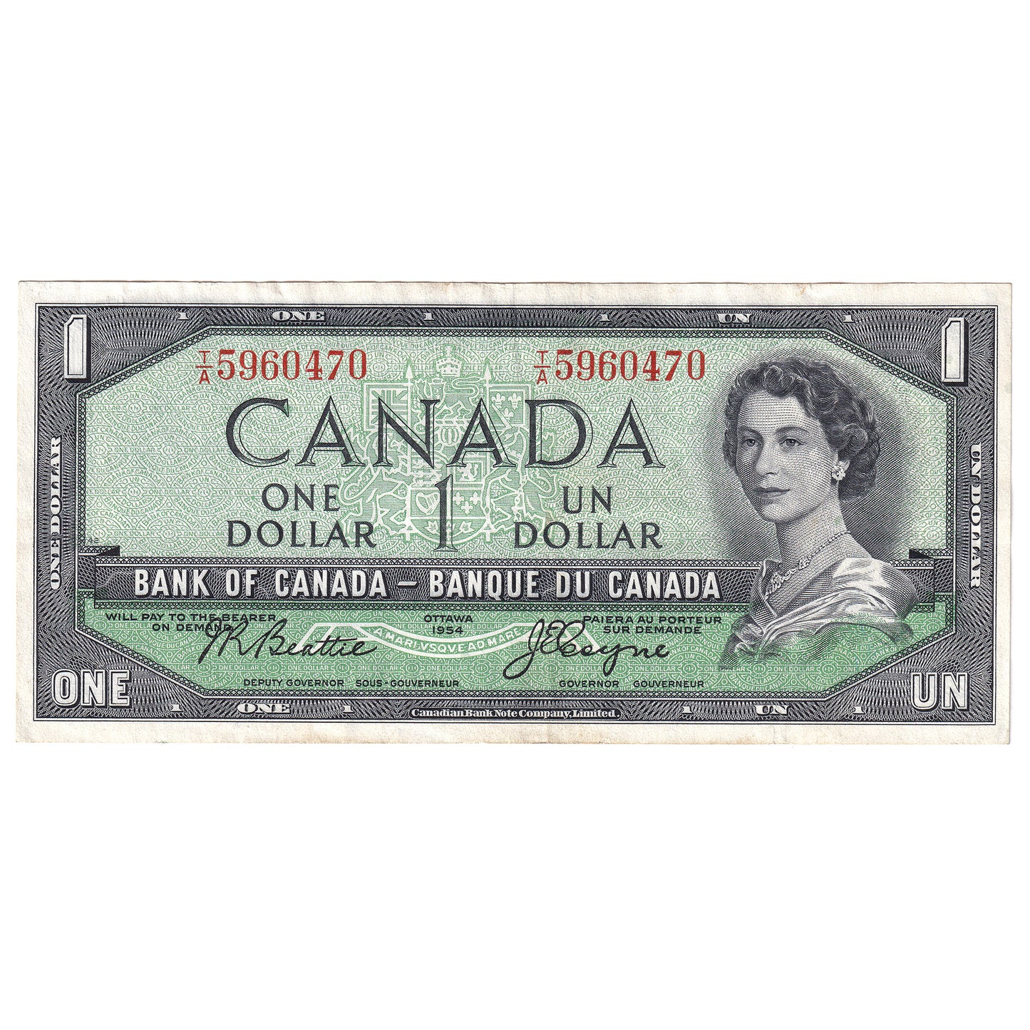 BC-37a 1954 Canada $1 Beattie-Coyne, T/A, Extra Fine (EF40)