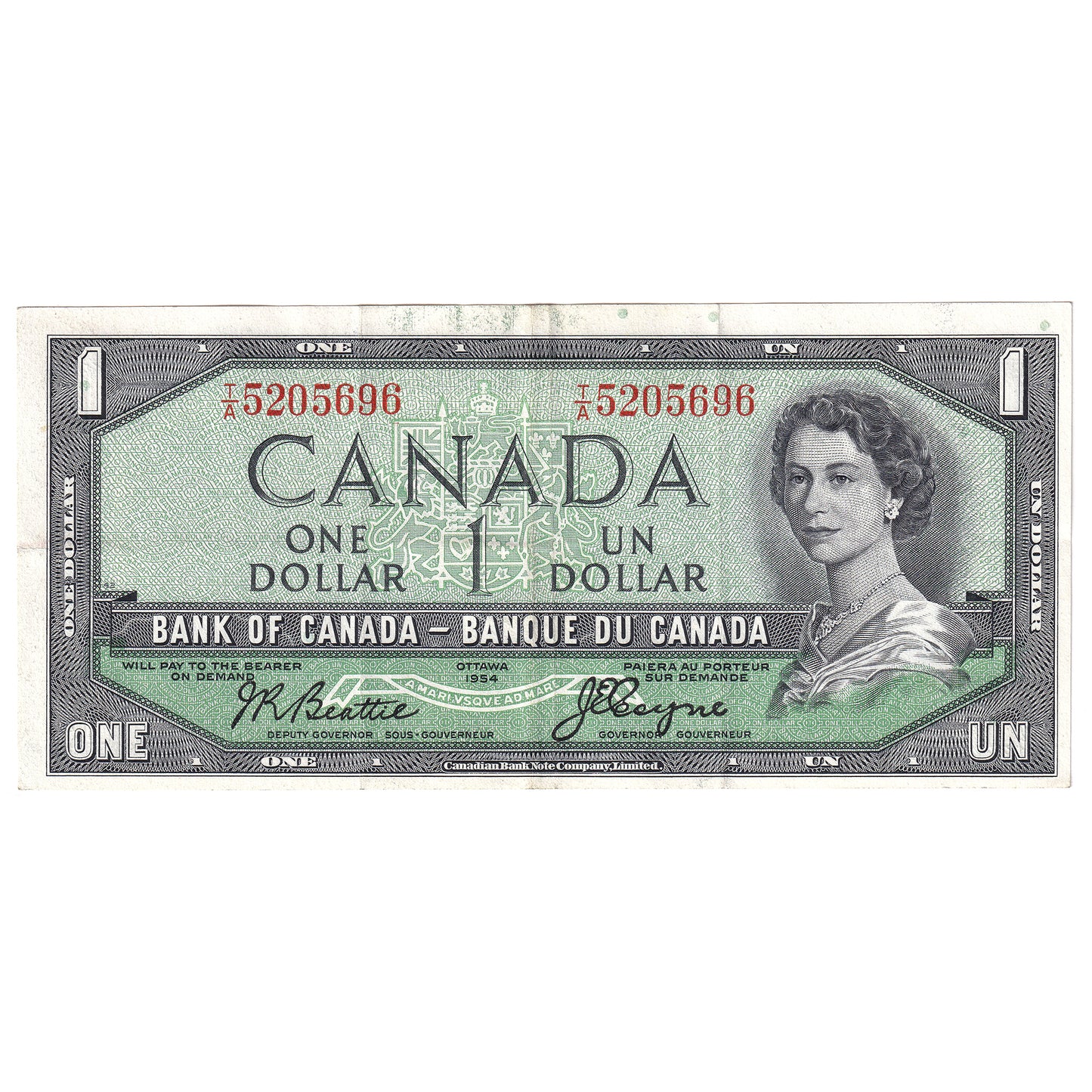 BC-37a 1954 Canada $1 Beattie-Coyne, T/A, VF-EF (VF30)