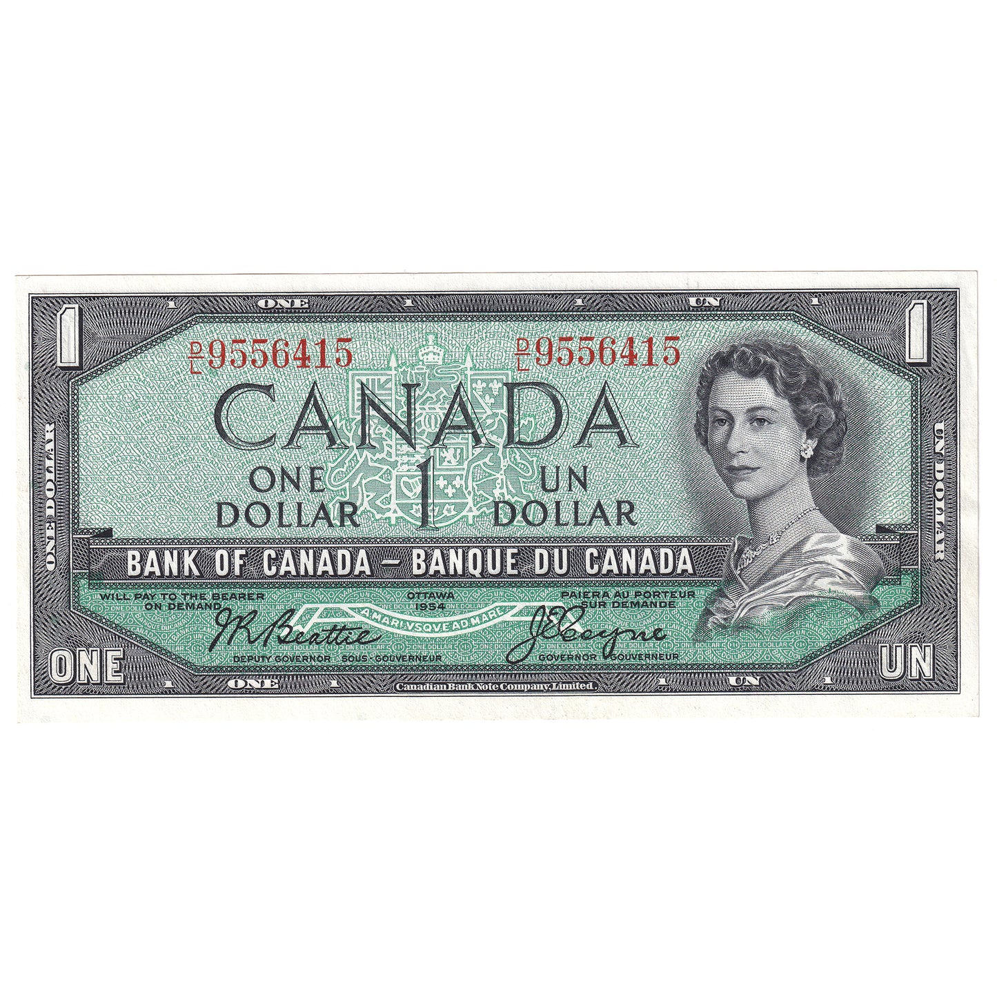 BC-37a 1954 Canada $1 Beattie-Coyne, D/L, Almost Uncirculated (AU50)
