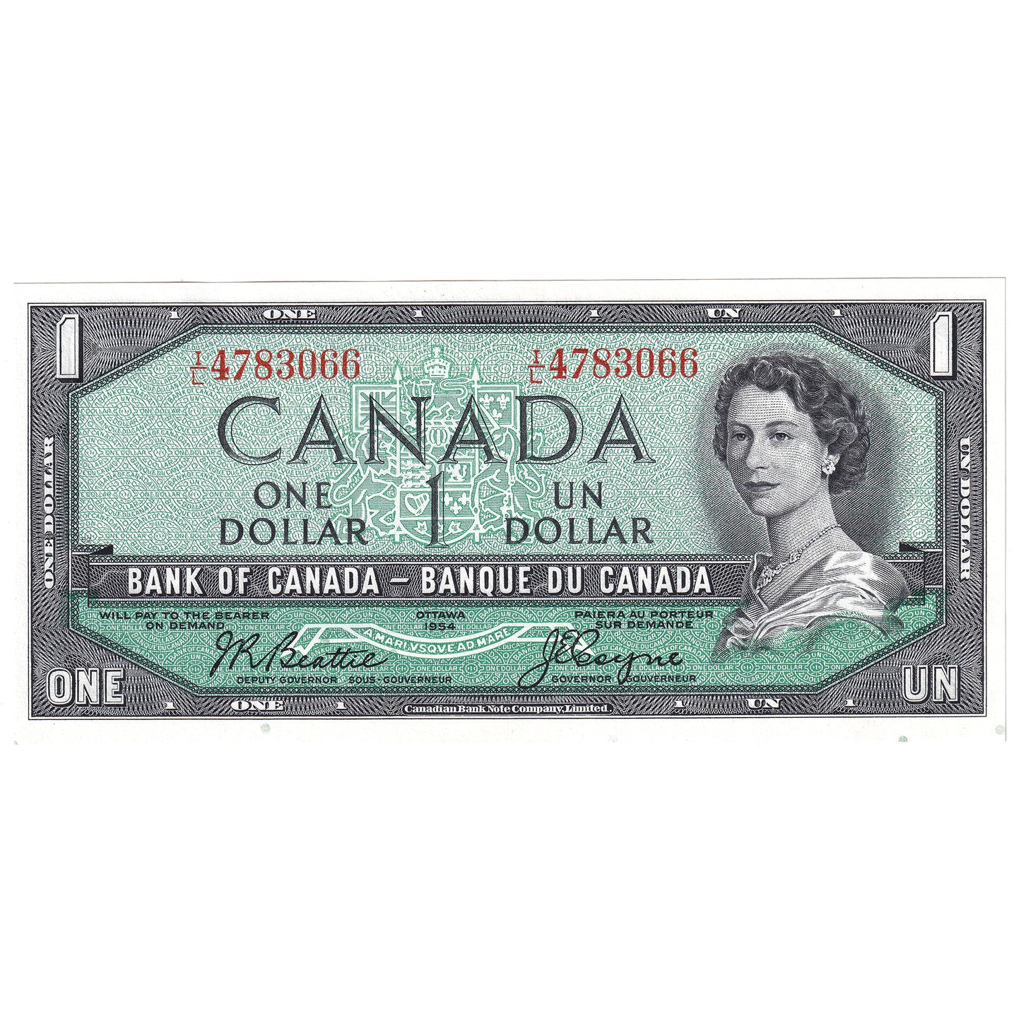 BC-37a 1954 Canada $1 Beattie-Coyne, I/L, Choice Uncirculated (CUNC63)