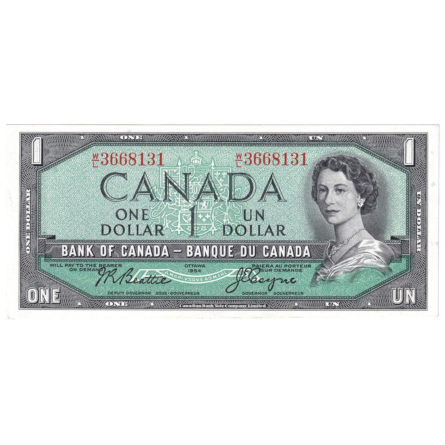 BC-37a 1954 Canada $1 Beattie-Coyne, W/L, AU-UNC (AU55)