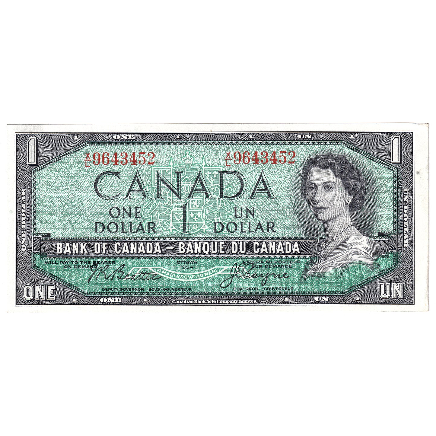 BC-37a 1954 Canada $1 Beattie-Coyne, X/L, AU-UNC (AU55)