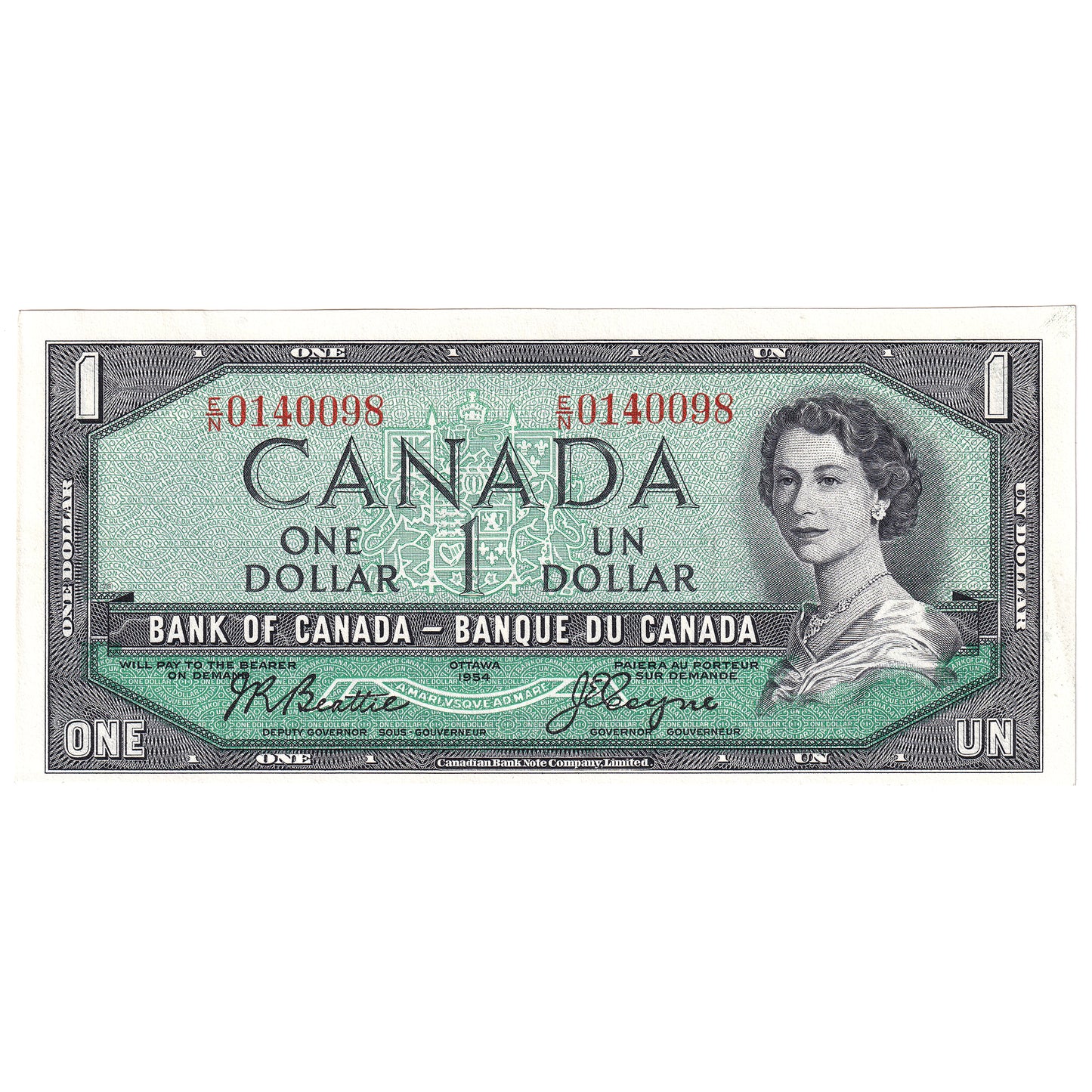 BC-37a 1954 Canada $1 Beattie-Coyne, E/N, Almost Uncirculated (AU50)