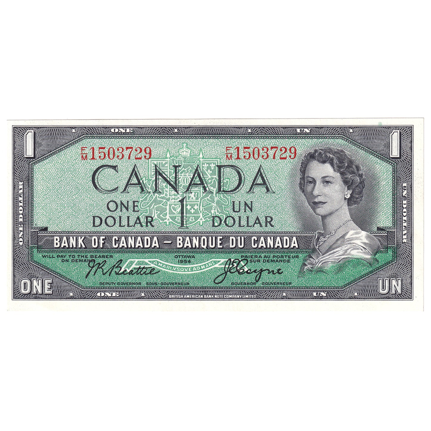 BC-37a-i 1954 Canada $1 Beattie-Coyne, F/M, Choice Uncirculated (CUNC63)