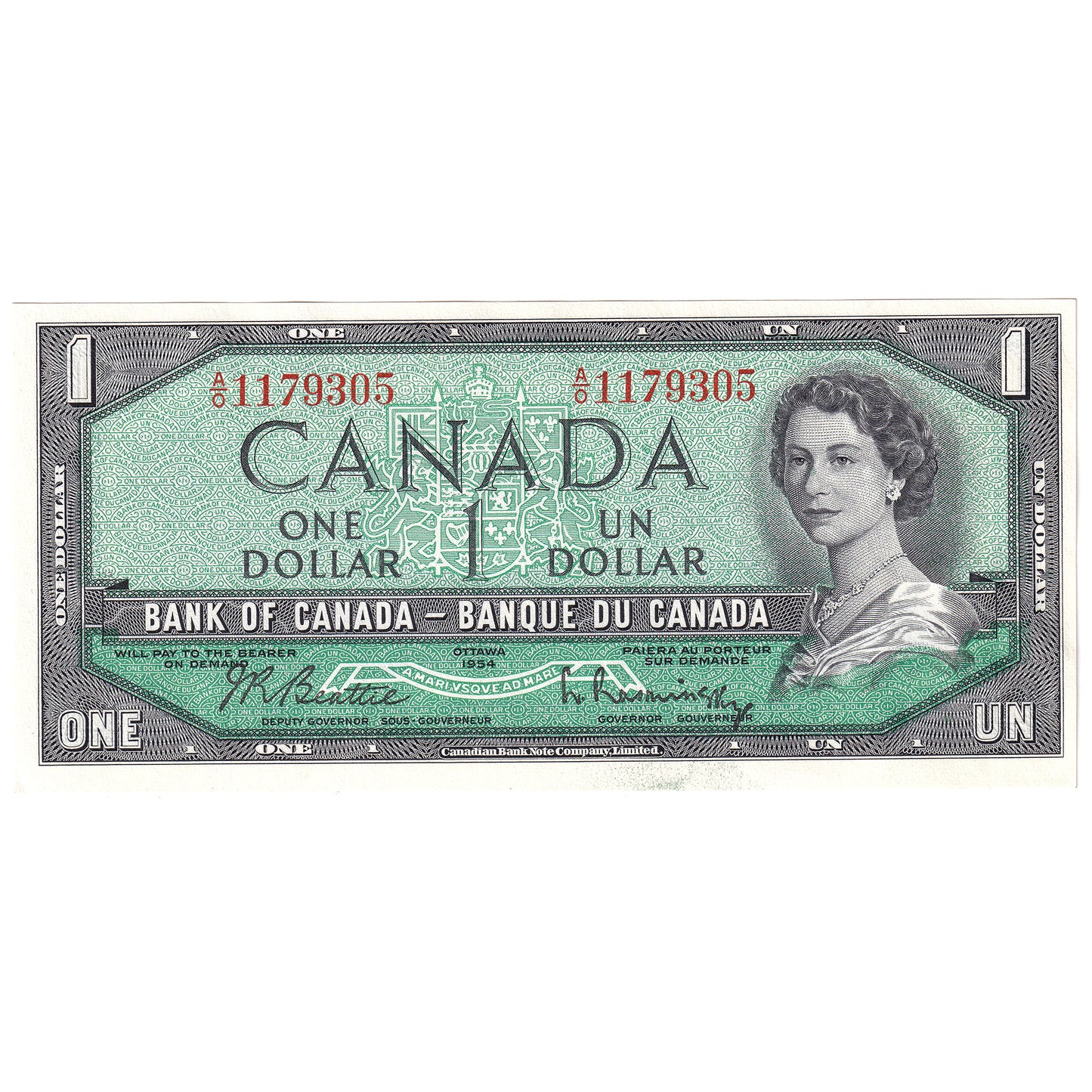 BC-37b 1954 Canada $1 Beattie-Rasminsky, A/O, Uncirculated (MS60)