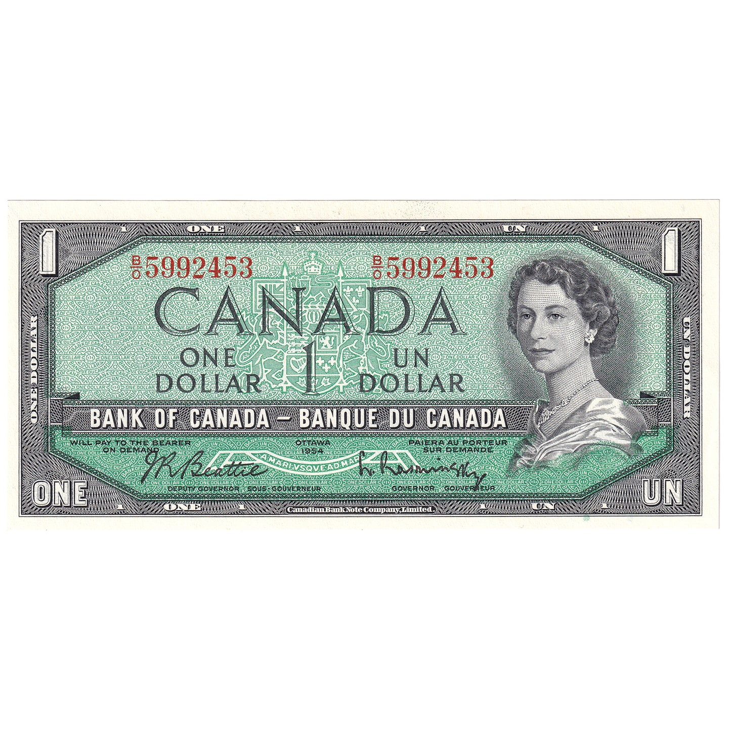BC-37b 1954 Canada $1 Beattie-Rasminsky, B/O, AU-UNC (AU55)