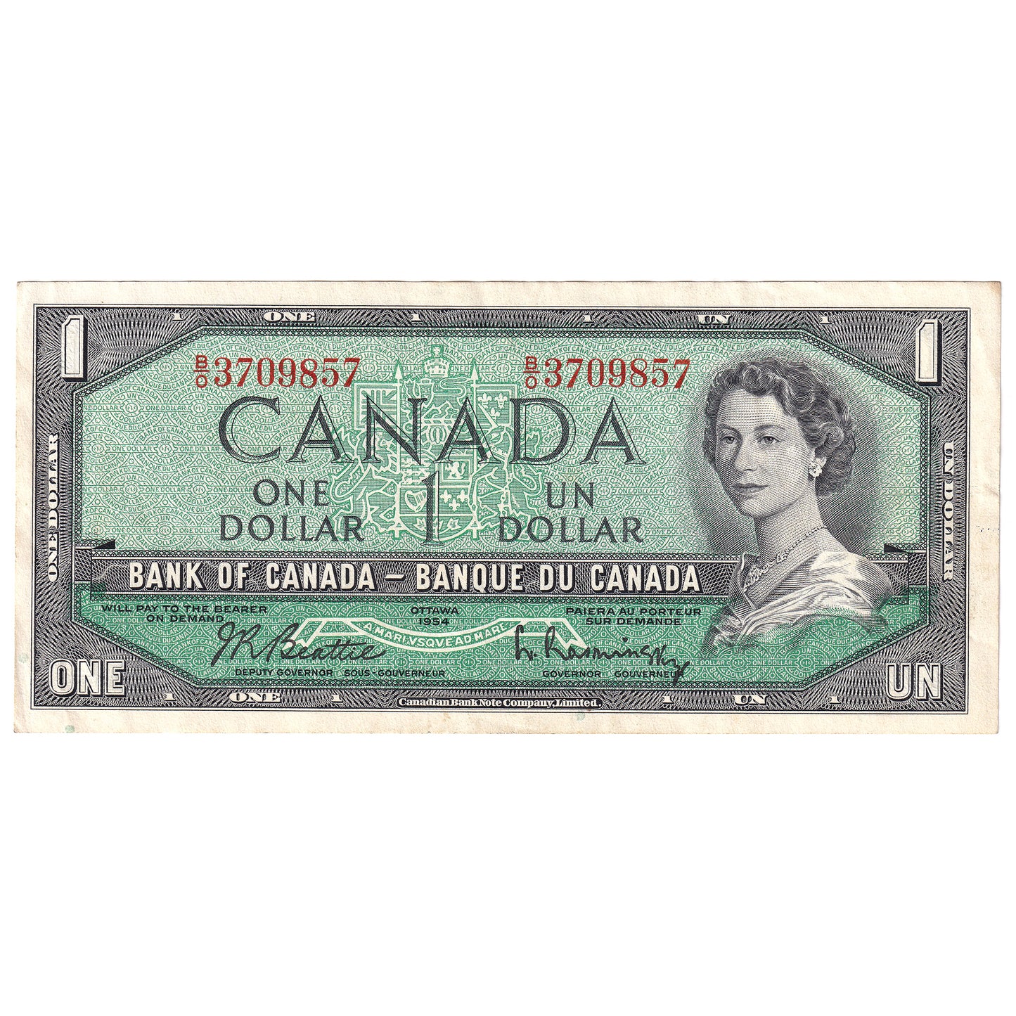 BC-37b 1954 Canada $1 Beattie-Rasminsky, B/O, Almost Uncirculated (AU50)
