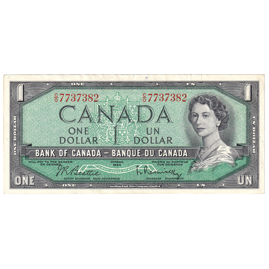 BC-37b 1954 Canada $1 Beattie-Rasminsky, C/O, Almost Uncirculated (AU50)