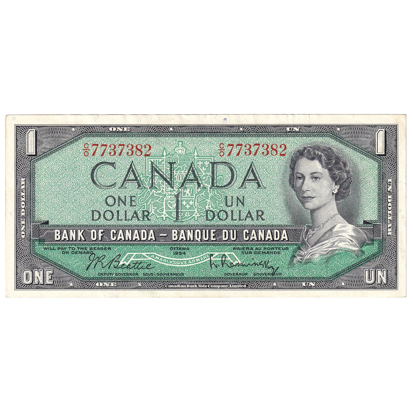 BC-37b 1954 Canada $1 Beattie-Rasminsky, C/O, Almost Uncirculated (AU50)