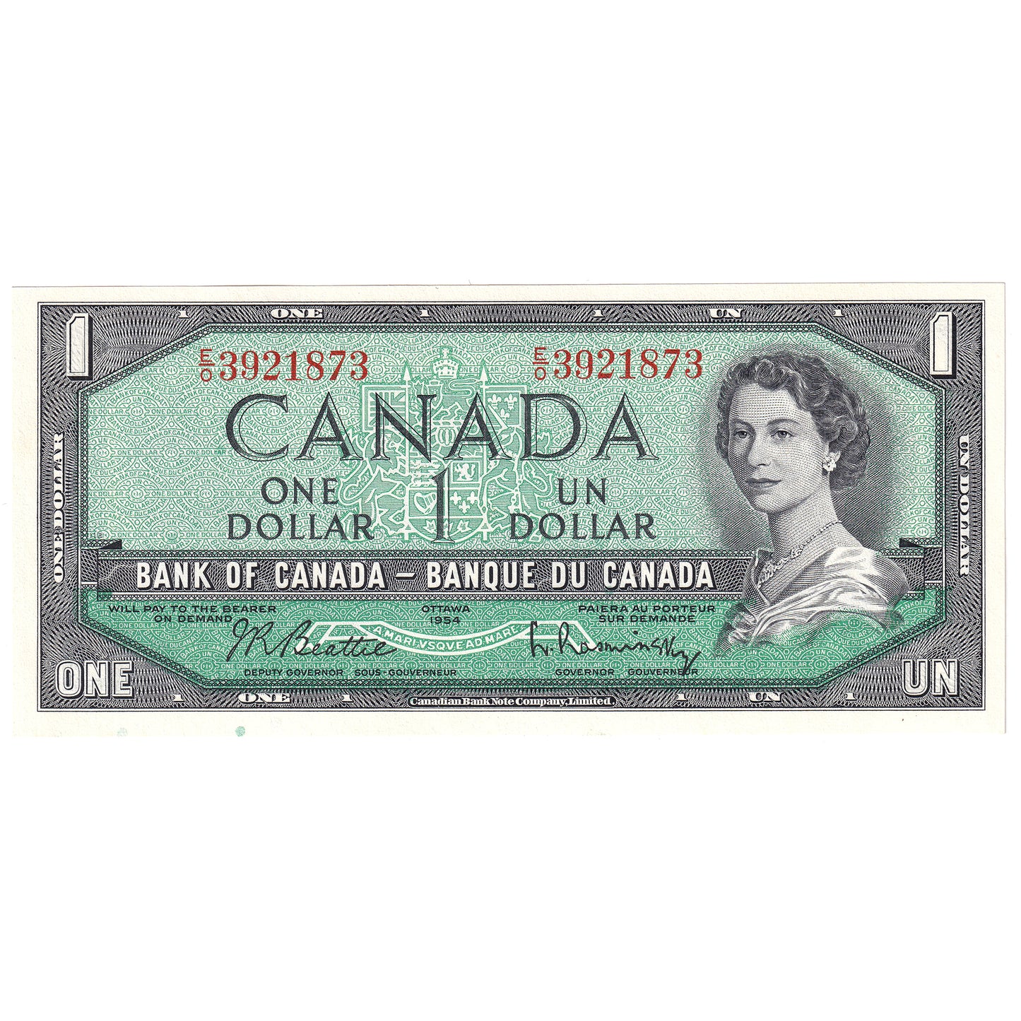 BC-37b 1954 Canada $1 Beattie-Rasminsky, E/O, Uncirculated (MS60)