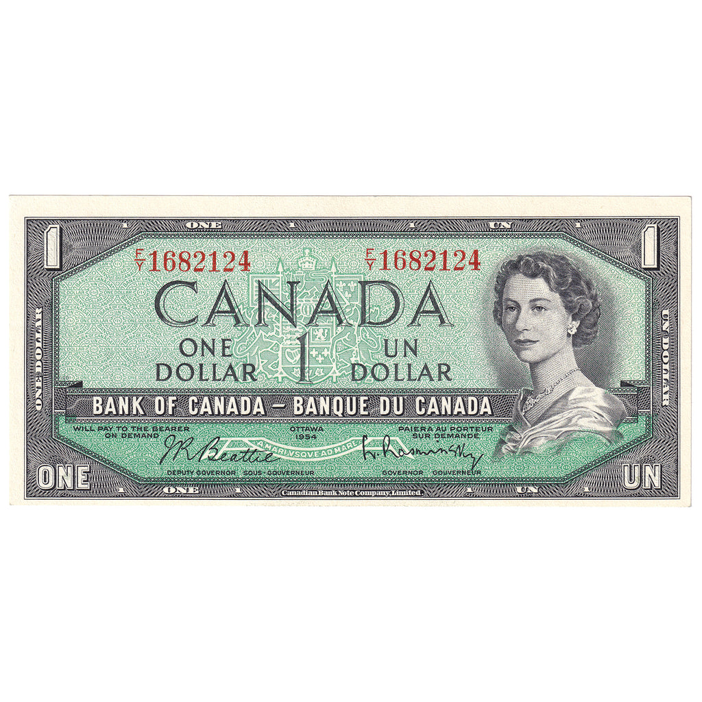 BC-37b 1954 Canada $1 Beattie-Rasminsky, F/Y, Almost Uncirculated (AU50)