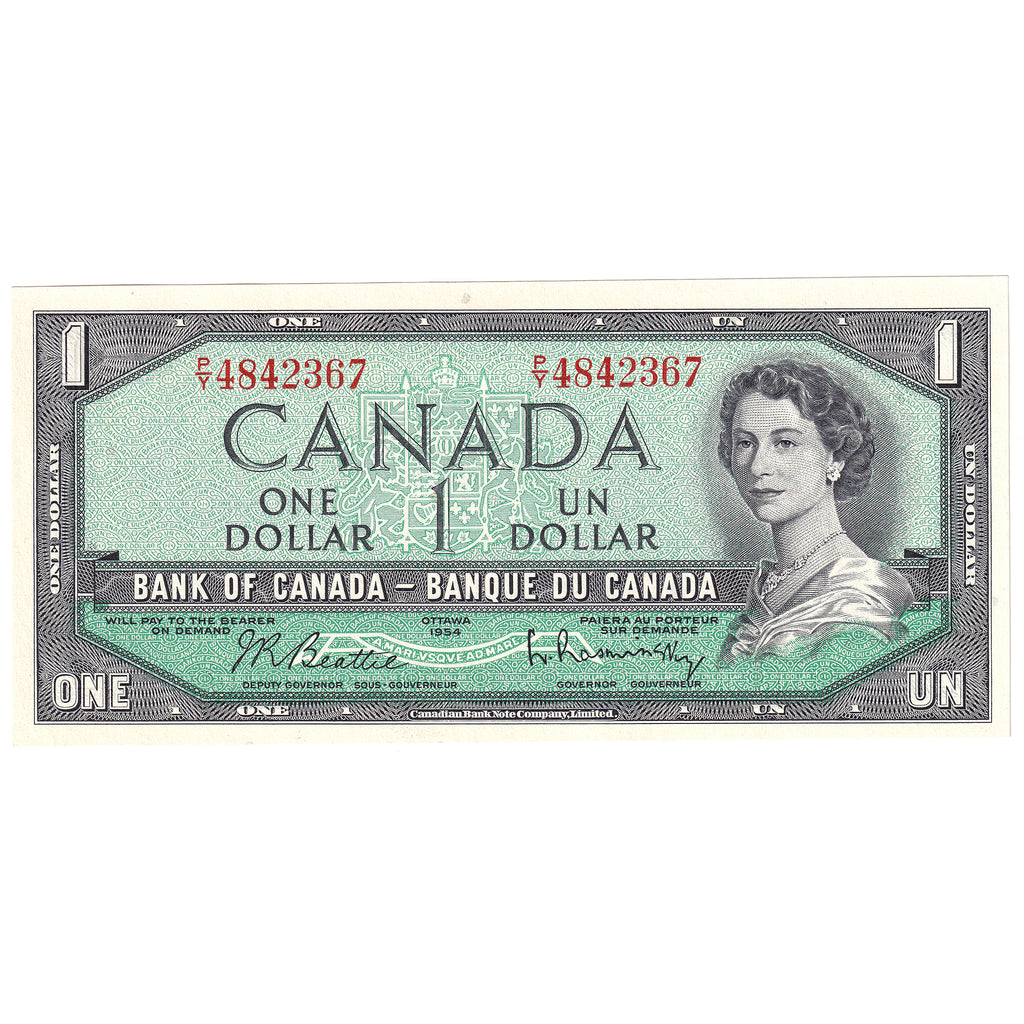 BC-37b 1954 Canada $1 Beattie-Rasminsky, P/Y, Uncirculated (MS60)