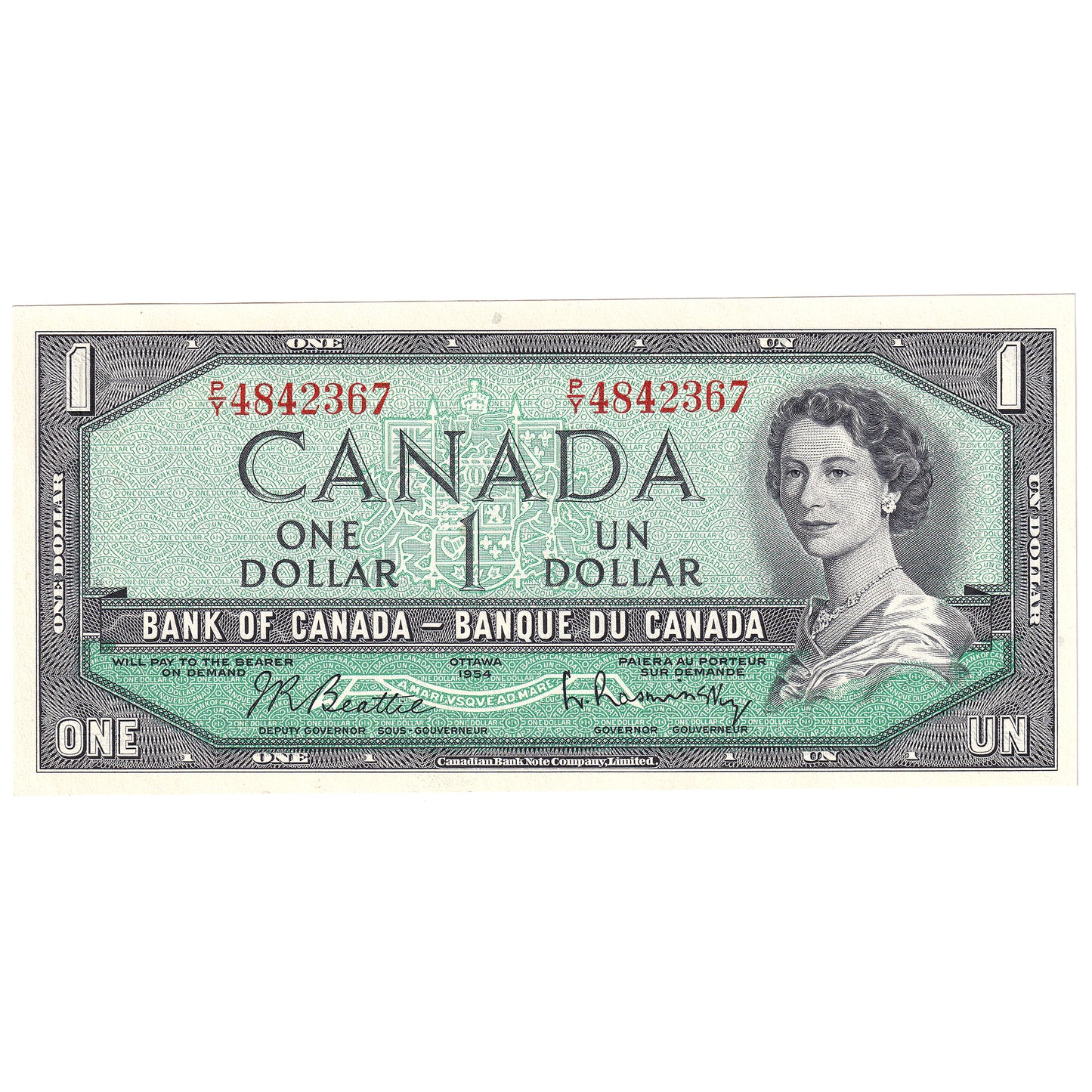 BC-37b 1954 Canada $1 Beattie-Rasminsky, P/Y, Uncirculated (MS60)