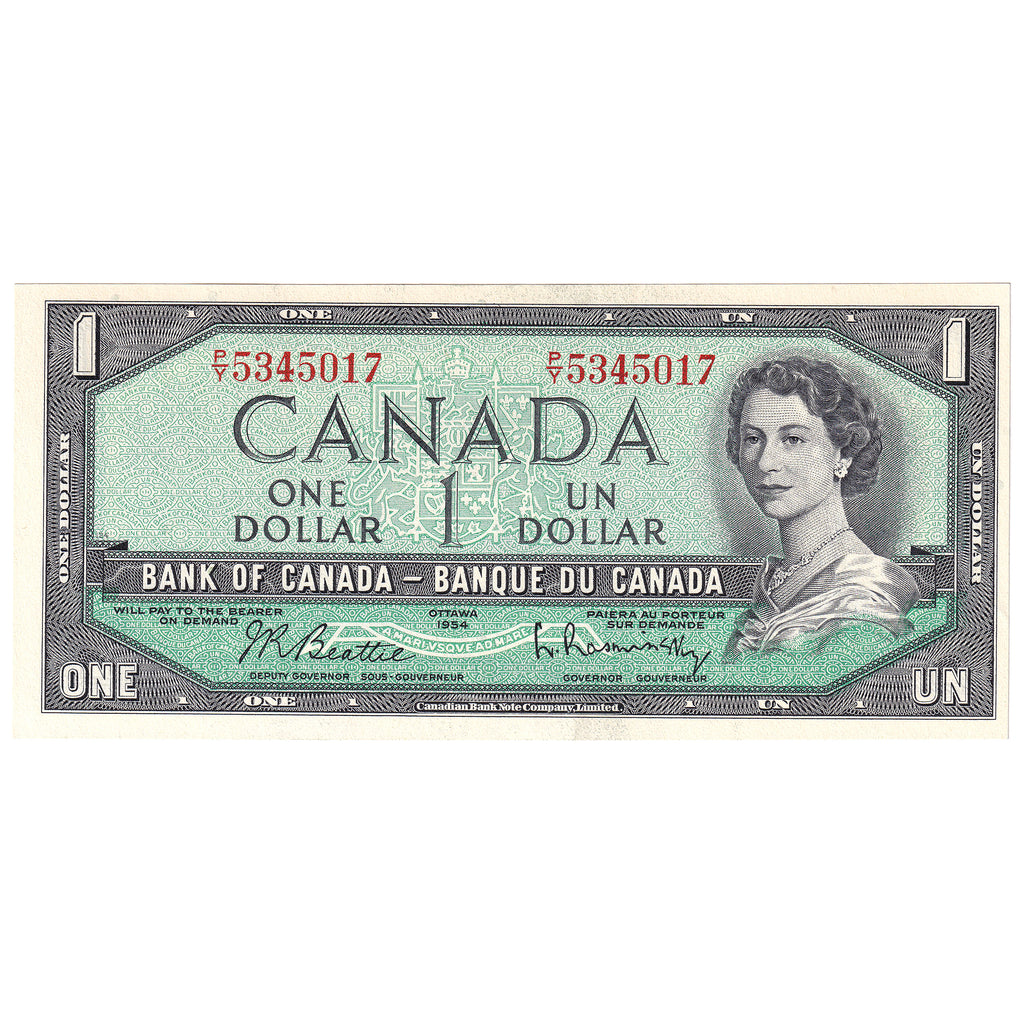 BC-37b 1954 Canada $1 Beattie-Rasminsky, P/Y, AU-UNC (AU55)