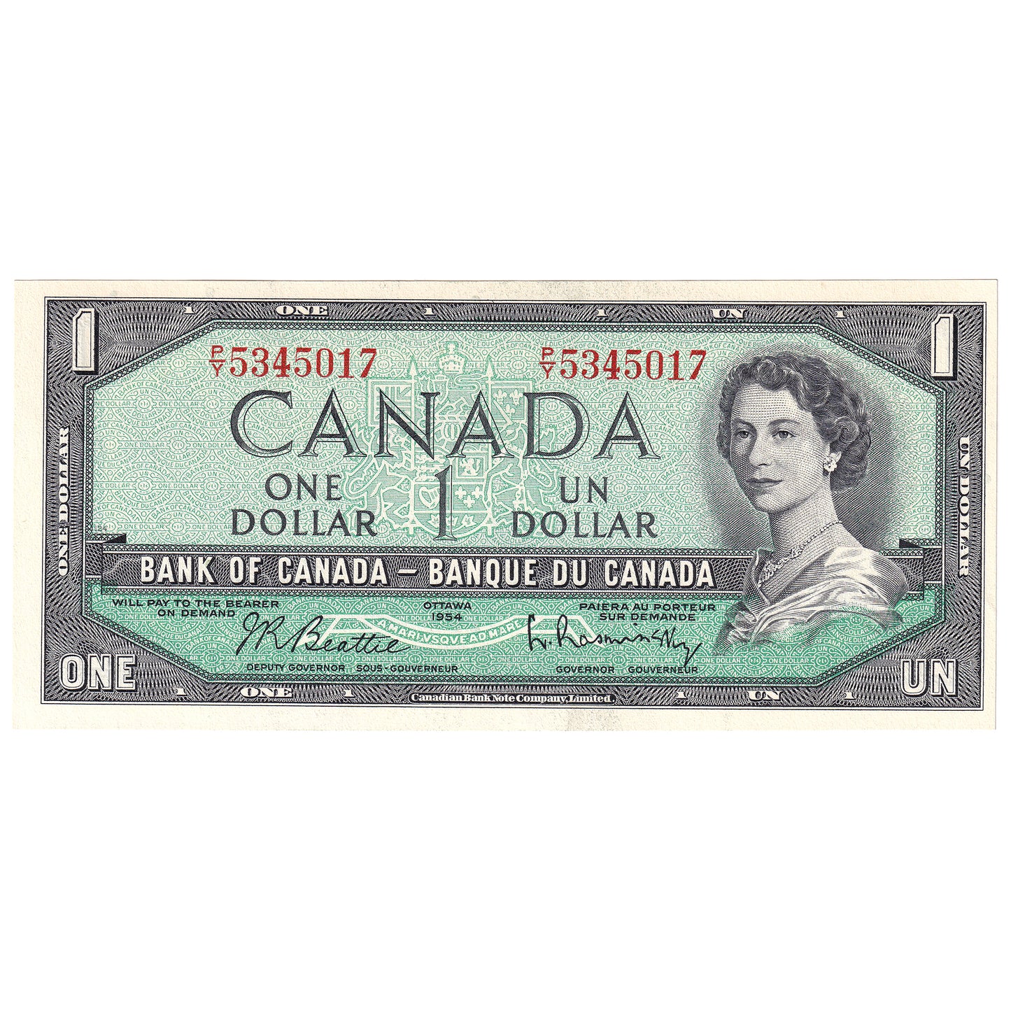 BC-37b 1954 Canada $1 Beattie-Rasminsky, P/Y, AU-UNC (AU55)