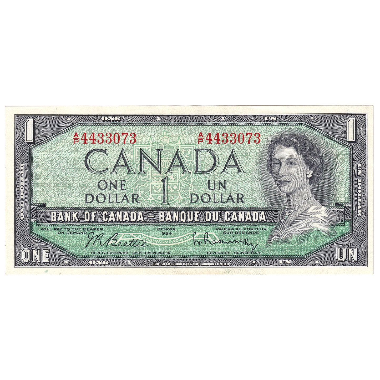 BC-37b-i 1954 Canada $1 Beattie-Rasminsky, A/P, AU-UNC (AU55)
