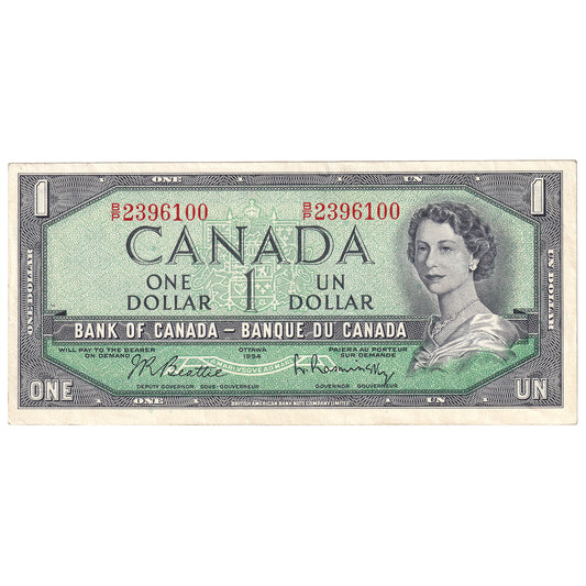 BC-37b-i 1954 Canada $1 Beattie-Rasminsky, B/P, EF