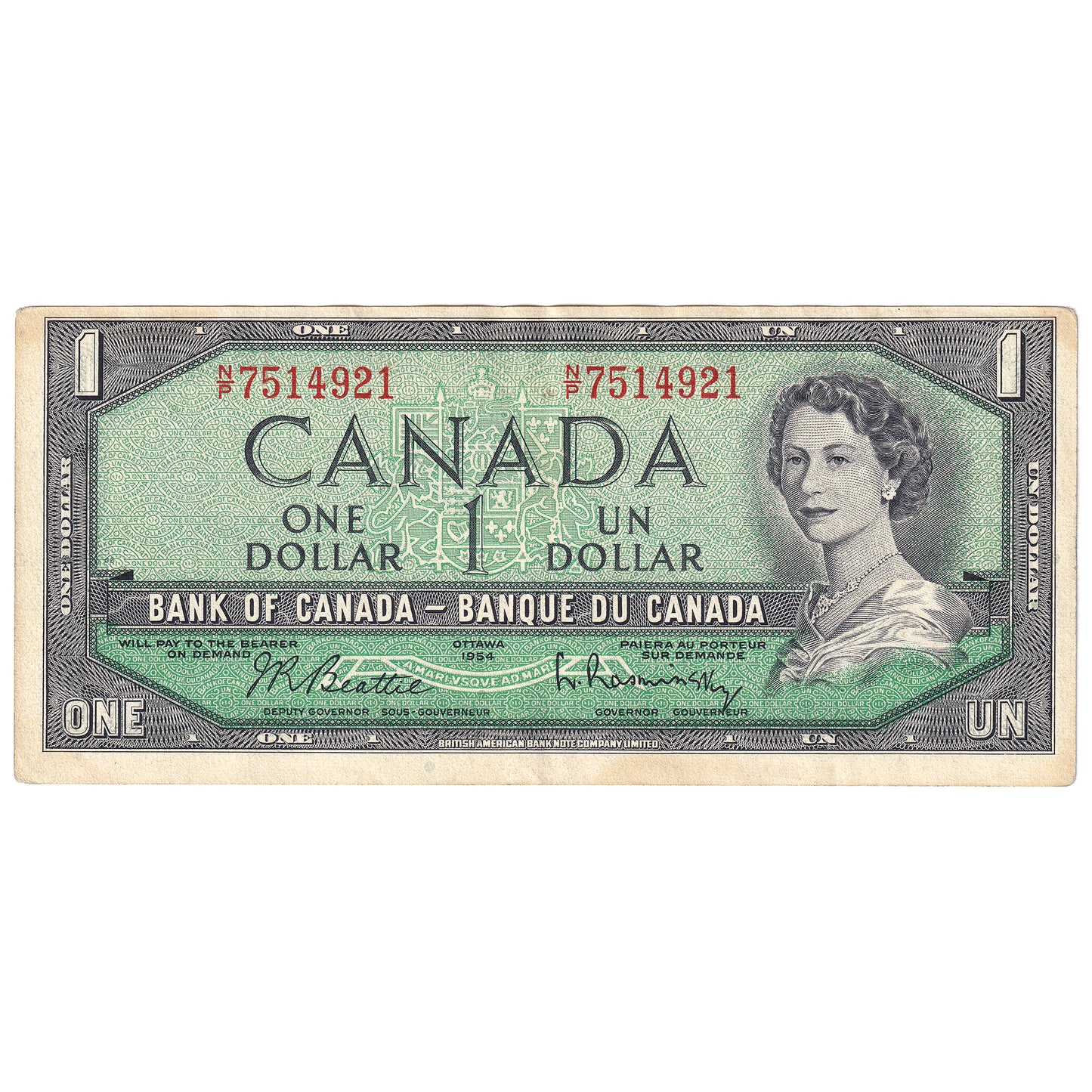 Bc-37b 1954 Canada $1 Beattie-Rasminsky, N/P, EF-AU (EF45)