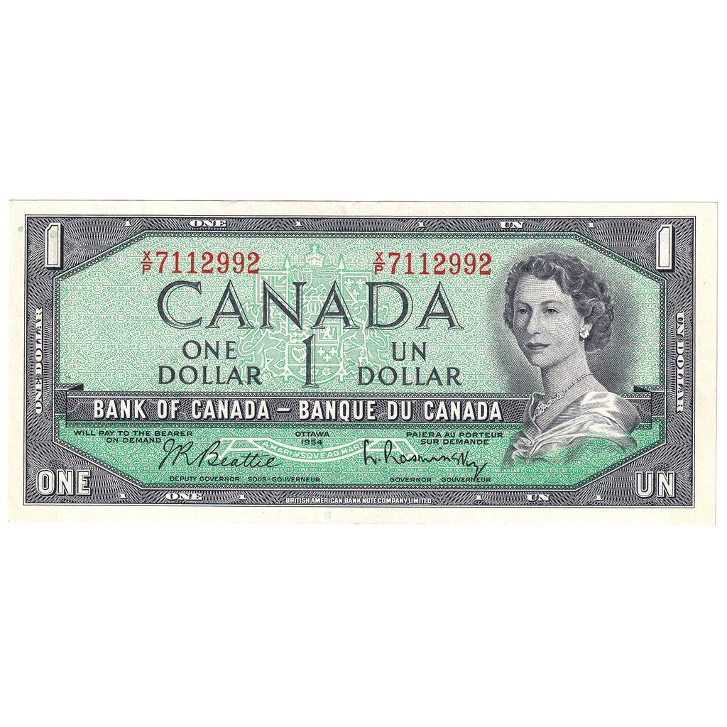 BC-37b-i 1954 Canada $1 Beattie-Rasminsky, X/P, Almost Uncirculated (AU50)