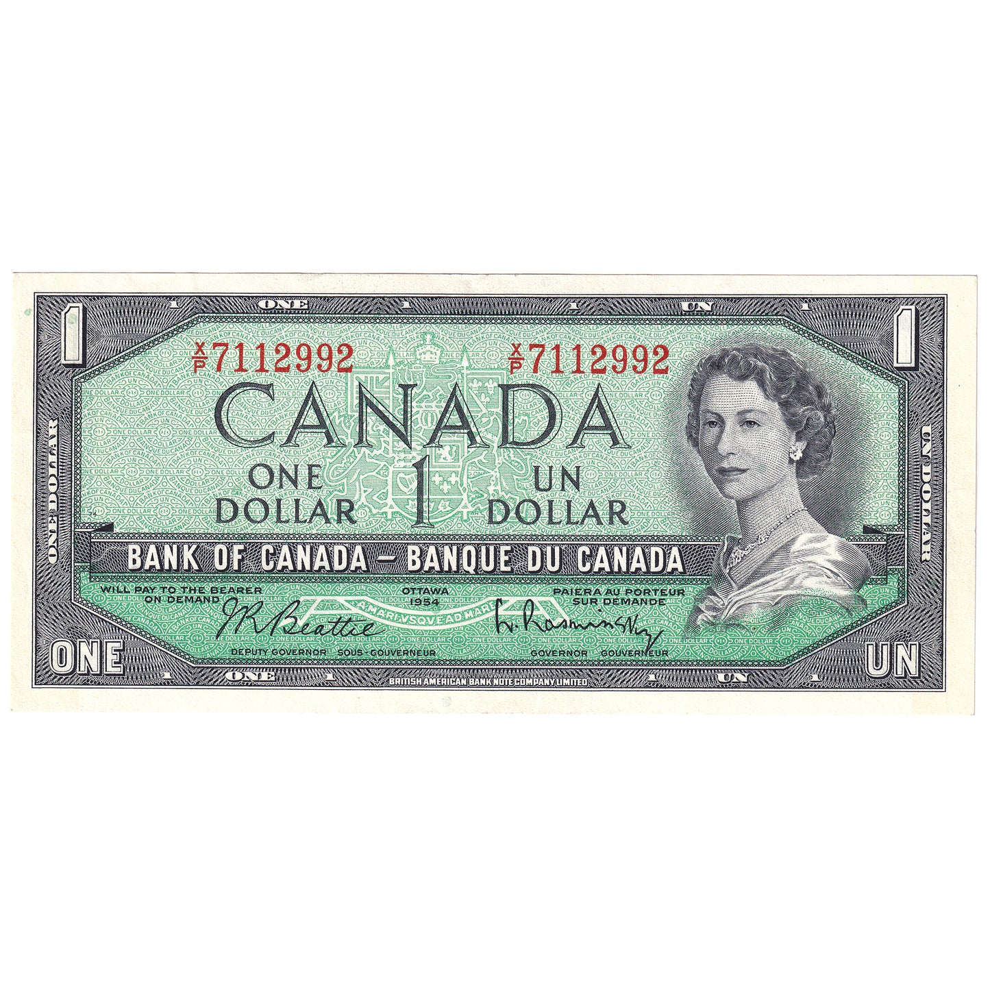 BC-37b-i 1954 Canada $1 Beattie-Rasminsky, X/P, Almost Uncirculated (AU50)
