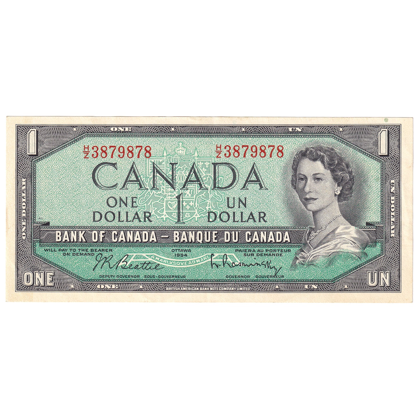 BC-37b-i 1954 Canada $1 Beattie-Rasminsky, H/Z, EF-AU (EF45)