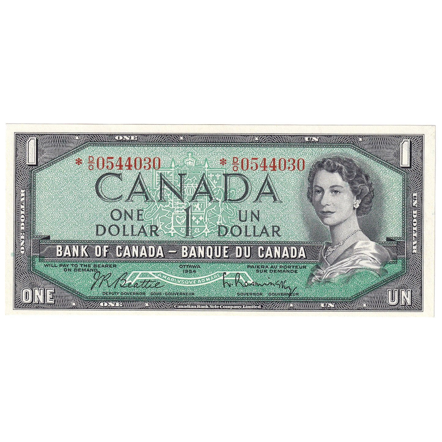 BC-37bA 1954 Canada $1 Beattie-Rasminsky, *D/O, Uncirculated (MS60)