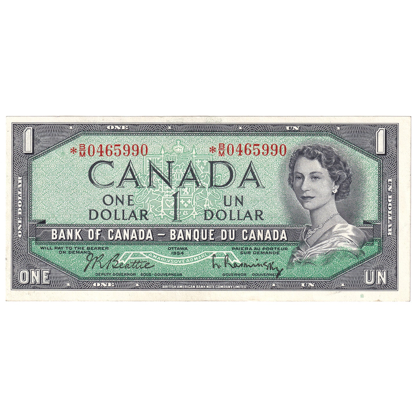 BC-37bA-i 1954 Canada $1 Beattie-Rasminsky, *B/M, No FPN, Almost Uncirculated (AU50)