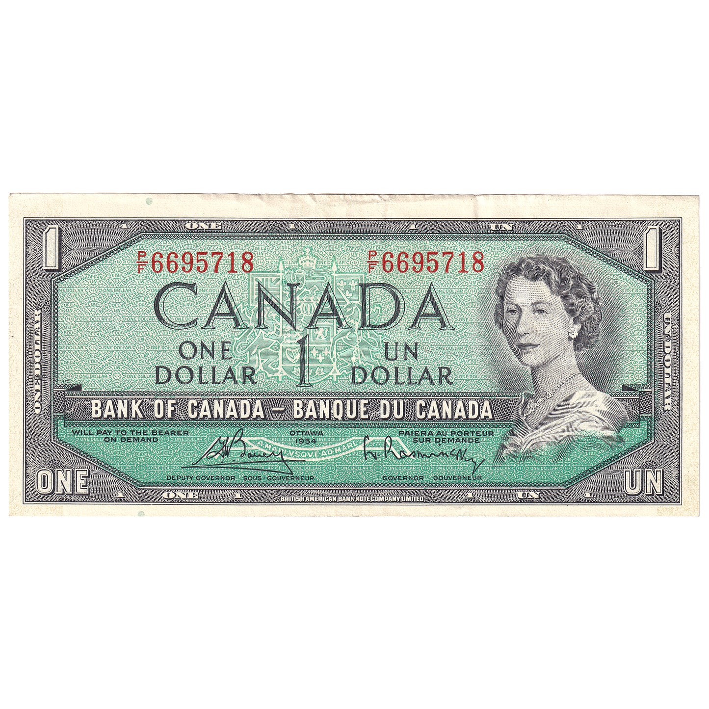 BC-37c 1954 Canada $1 Bouey-Rasminsky, P/F, Almost Uncirculated (AU50)