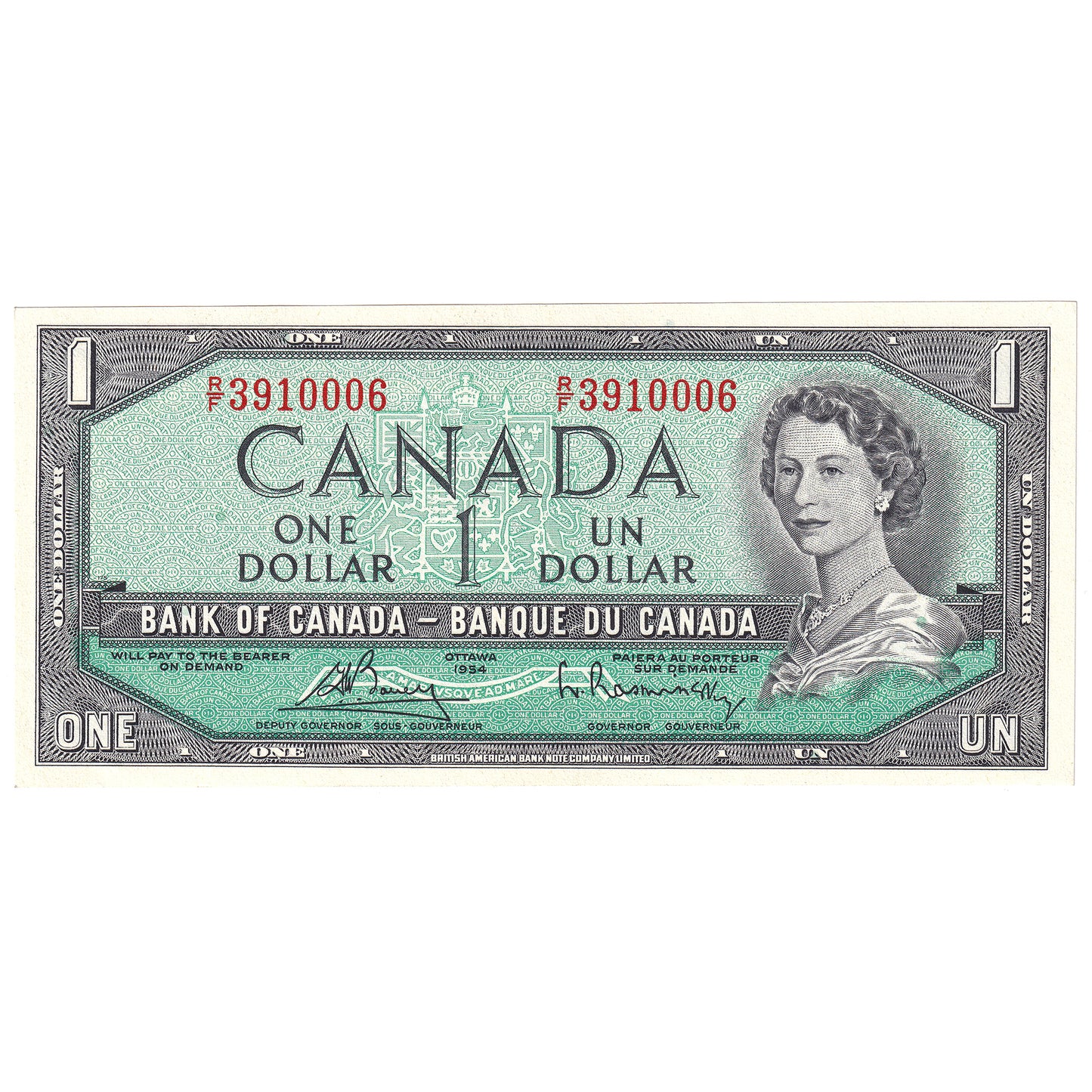 BC-37c 1954 Canada $1 Bouey-Rasminsky, R/F, AU-UNC (AU55)