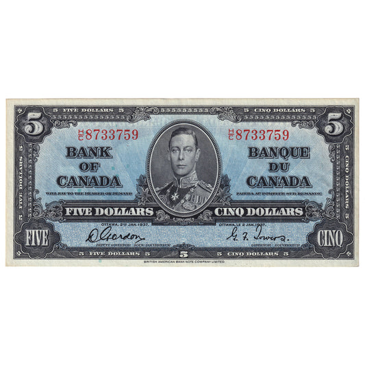 BC-23b 1937 Canada $5 Gordon-Towers, H/C, AU