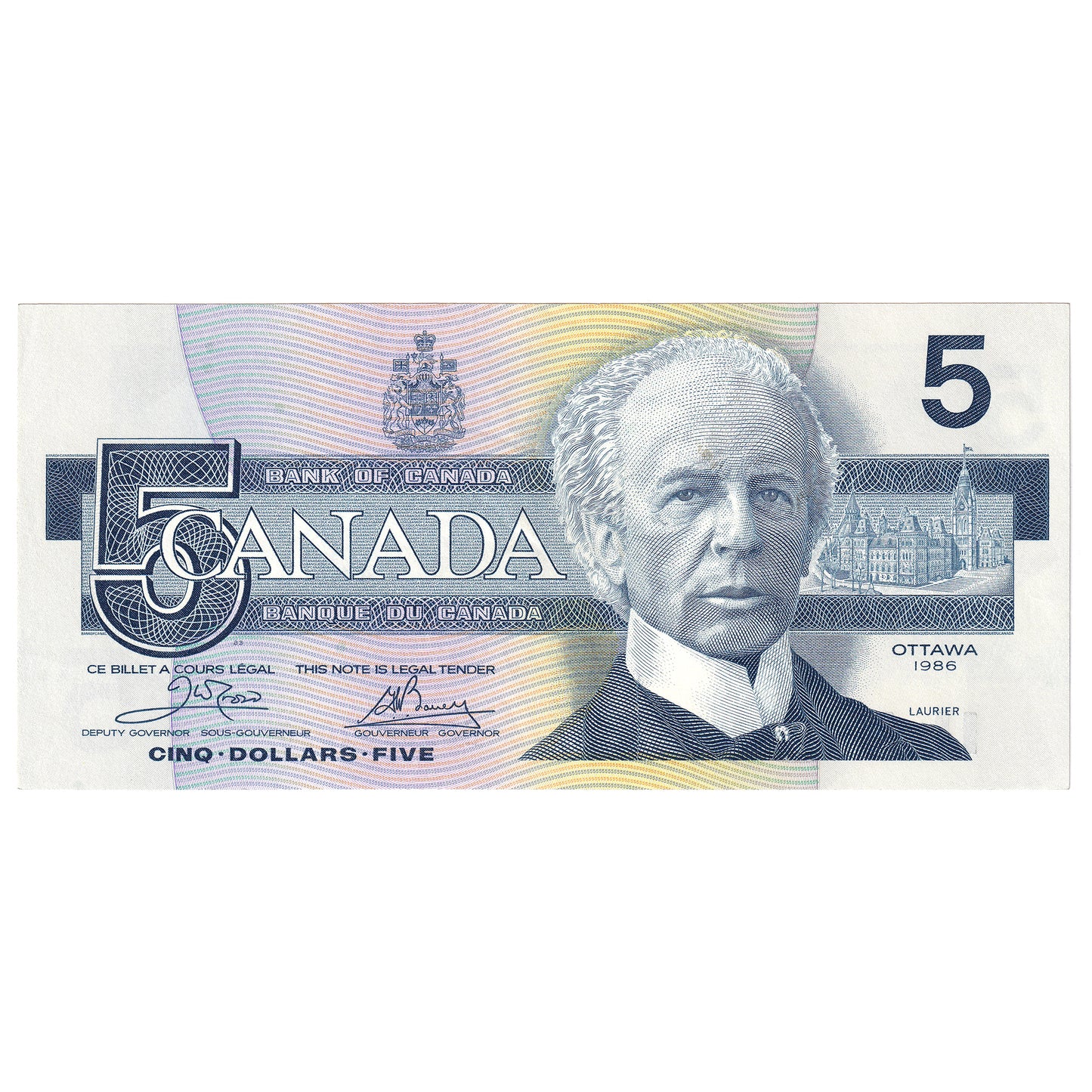 BC-56a 1986 Canada $5 Crow-Bouey, EOB, Almost Uncirculated (AU50)